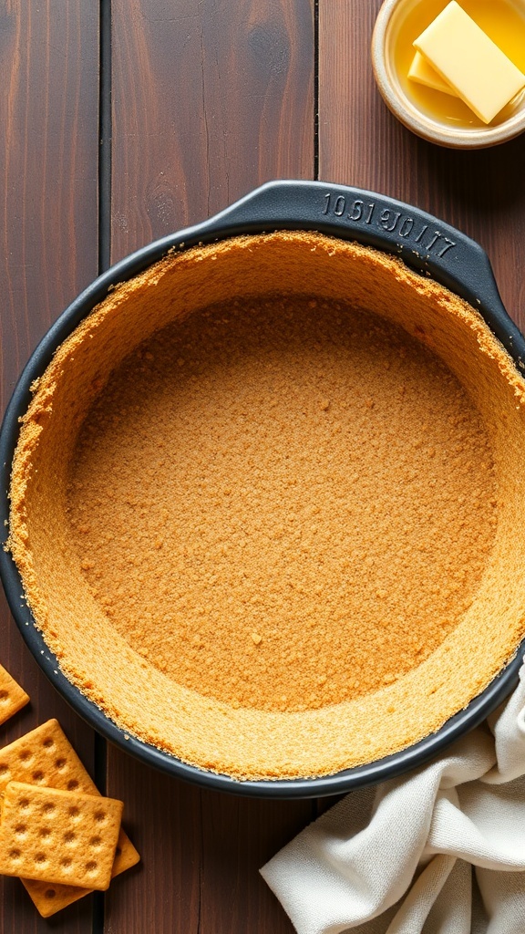 Golden brown graham cracker crust in an 8-inch pie dish, with graham crackers and melted butter.